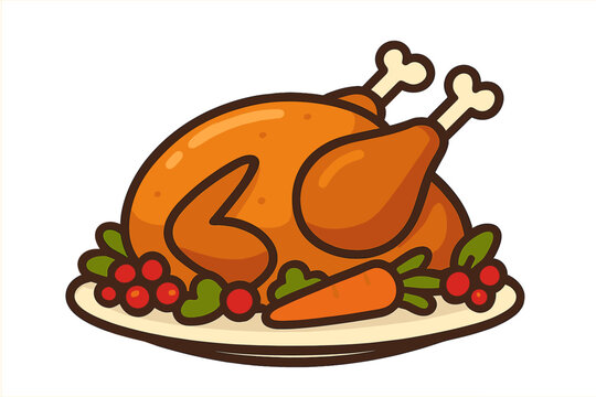 Cartoon design of a cooked Thanksgiving turkey on a tray, garnished with green leaves and red berries, set against a white background in a vector illustration of a roast turkey