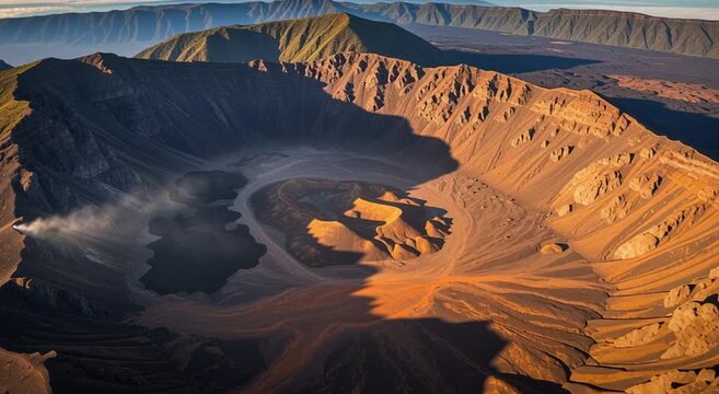 Aerial view of a large arid volcanic crater caldera