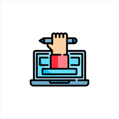 Hand holding stylus interacts with laptop screen during digital art creation process, symbolizing creative technology and innovation.