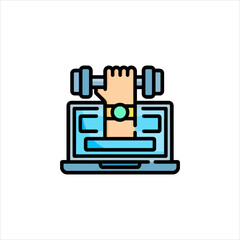 Hand holding dumbbell emerges from laptop screen, symbolizing online fitness class in modern, digital age.
