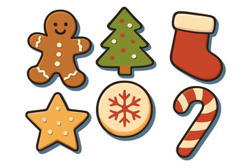 Naklejka premium Vector illustration of a Christmas Cookies Set featuring a ginger house, little man, christmas tree, and candy