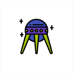 Ufo stands on three legs with purple and yellow details against a white backdrop, creating a whimsical and futuristic scene.