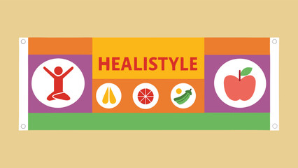 Vibrant Healistyle Banner: Yoga, Fruit, and Vegetable Icons;  Modern Flat Design;  Positive and Healthy Lifestyle Concept;  Wellness and Wellbeing Theme.