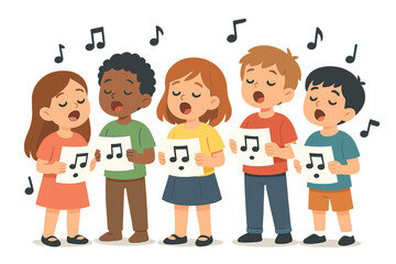 Obraz premium Vector illustration of a group of children singing Christmas songs in unison