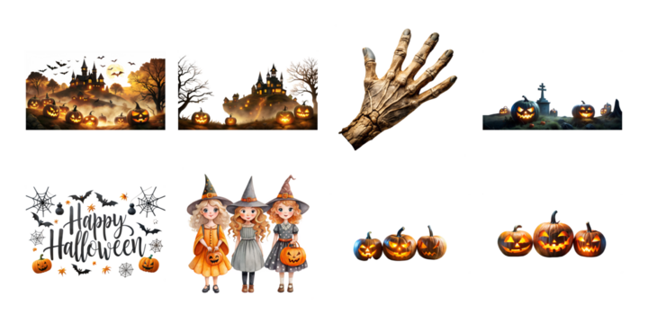 A festive collection of watercolor halloween elements featuring pumpkins, witches, castles, and spooky decorations isolated on transparent background