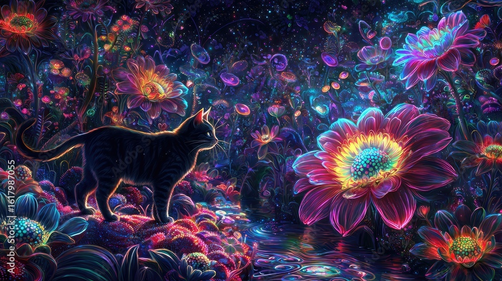 Poster a cat stands in the center of an array of giant glowing flowers, surrounded by vibrant colors and in