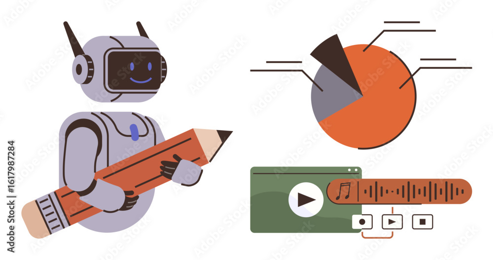 Poster friendly robot holding large pencil, pie chart with labels, and media player interface with play but