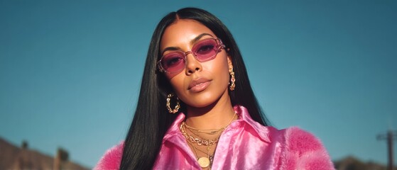 A woman wearing a pink shirt and sunglasses. She is wearing a necklace and earrings. The photo is of a woman posing for a picture