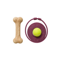 Dog toys including a bone and a tennis ball in pink rope  