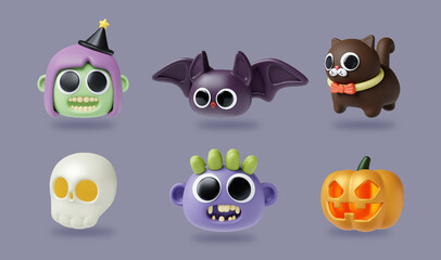 3D Halloween cute set featuring adorable spooky characters and items 3D render illustration