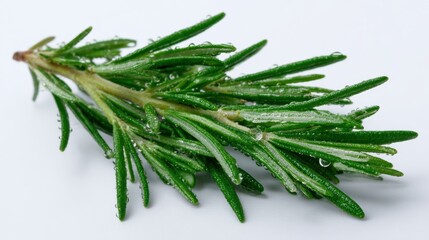 Fototapeta premium Fresh rosemary sprig with dewdrops ideal for culinary and herbal use in cooking, teas, and garnishing dishes.