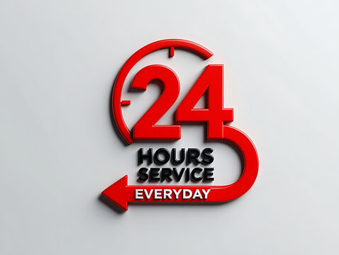 Red 24 hours service everyday symbol with arrow and clock element