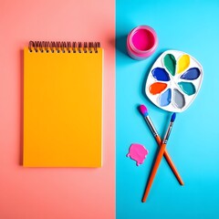 A top-down view of a colorful art workspace on a vibrant background