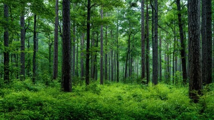 Obraz premium Lush green forest with towering trees and vibrant undergrowth, creating a serene and peaceful natural habitat.