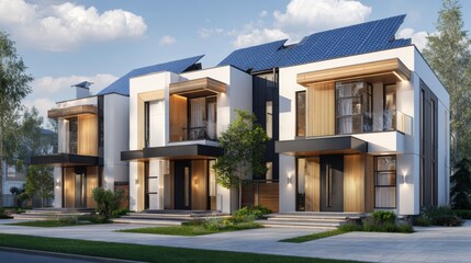 Fototapeta premium Modern duplex with solar panels and landscaped garden, showcasing eco-friendly urban living.