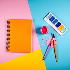 A top-down view of a colorful art workspace on a vibrant background