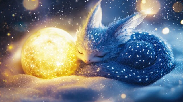 A fantastical with creature shimmering azure fur and spotted wings sits curled up in a sleeping position atop a glowing yellow orb that emits soft rays of light.