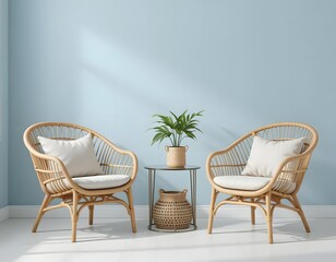Create a serene coastal vibe with these stylish rattan chairs and calming blue wall paint today