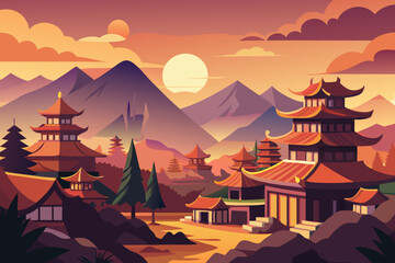 Stunning Japanese architecture nestled in serene mountains at sunset provides peaceful travel inspiration