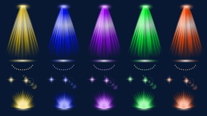 Colorful beams of light shine over a dark stage, creating a vibrant atmosphere for entertainment and performance art events