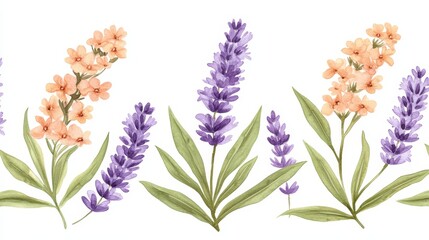 Naklejka premium Serene Botanical Harmony Watercolor Lavender and Peach Blooms with Floral Elements for Spring Art
