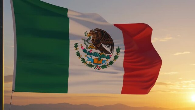 AI-generated Mexican national flag waving on a flagpole with a sunset in the background