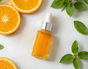 Brighten your skin with vibrant orange serum and mint leaves for a healthy glow today