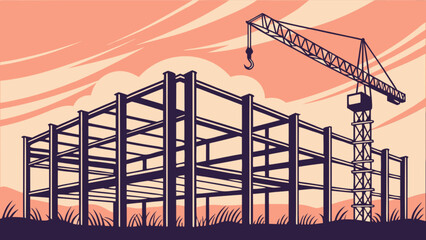 Obraz premium A construction site with a steel frame building and crane is set against a sunset sky in a vector illustration