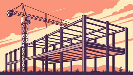 A construction site shows a steel frame building under construction with a crane against a colorful sky