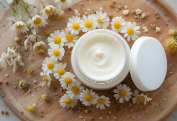 Luxurious skincare cream with chamomile flowers for radiant, healthy skin in a jar on wood