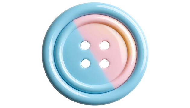 A cute clothes button with a playful design, pastel colors like pink, blue, or yellow, with soft highlights and gentle shadows. Isolated on a transparent background in PNG format