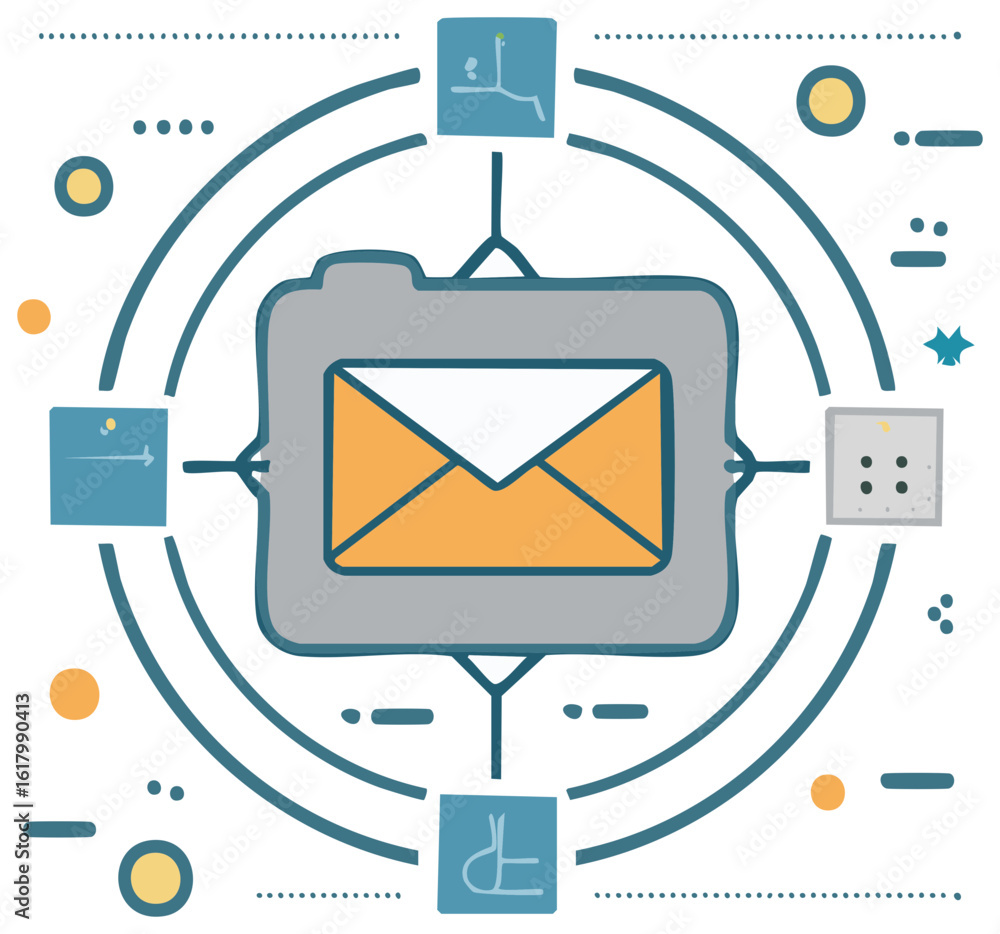 Poster digital communication network with central file folder and email icon
