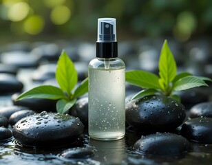 Elegant aromatherapy spray with fresh leaves on black stones for holistic wellness promotion