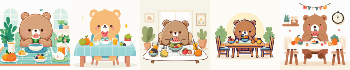 cute bear vector eating fruit on the table