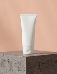 Minimalist white tube ready for your branding on a concrete display perfect for beauty product marketing