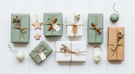 minimal scandinavian christmas gift wrapping with kraft paper and cinnamon sticks

