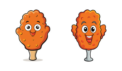 Two cartoon fried chicken drumsticks with happy faces isolated on white background