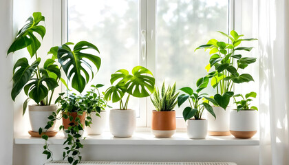 A realistic close-up of various indoor houseplants in stylish ceramic pots arranged on a white windowsill, with soft natural morning light streaming through sheer curtains. Plants include monstera, fi