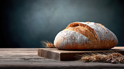 Freshly baked bread rustic crusty loaf on wooden board with wheat ears, artisan style, warm and inviting atmosphere