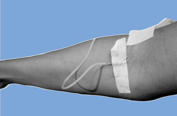 infused arm hand pixelate grayscale color halftone dotted texture style collage element isolated on blue background