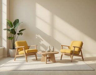 Inviting living space features modern yellow chairs, round table, and lush green plant basking in sunlight