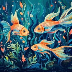 Fototapeta premium Vibrant Goldfish in a Colorful Underwater World Artistic Aquatic Illustration for Creative Projects