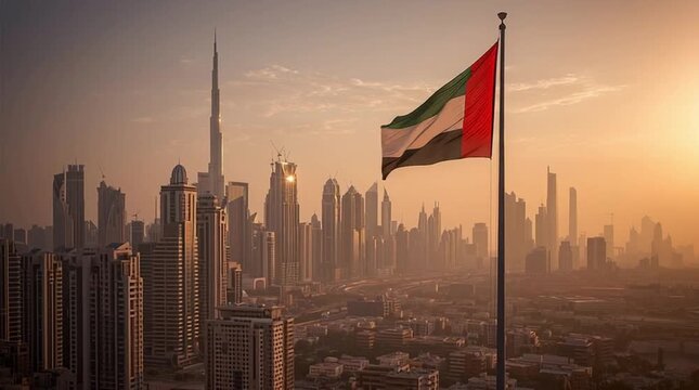 Stable shot of UAE national flag waving gracefully in the wind with Dubai skyline in the background during golden sunset, warm lighting and calm patriotic atmosphere, national pride concept

