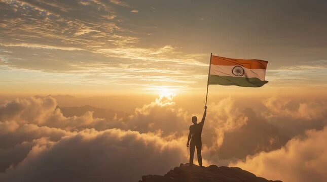 Man waving Indian national flag on mountain peak during golden sunrise, slow camera pan and zoom-in, dramatic clouds below, emotional and patriotic atmosphere symbolizing pride and freedom

