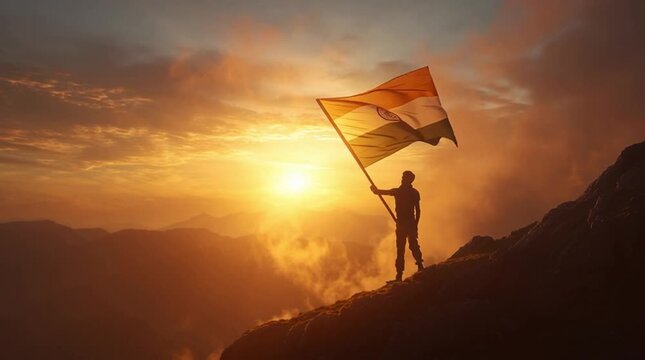 Stable camera shot of man waving Indian national flag slowly with both hands atop a mountain peak, golden sunrise and dramatic clouds below, emotional and patriotic atmosphere of pride and unity

