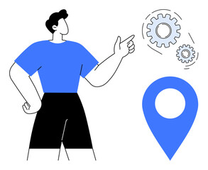 Person gesturing toward gears and a map pin, symbolizing problem-solving, creativity, location, teamwork, innovation, strategy, and process optimization. Ideal for direction and simple flat metaphor