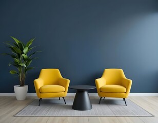Stylish vibrant yellow armchairs create a modern, elegant and inviting living room atmosphere indoors