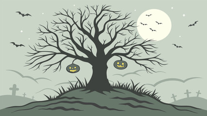 Halloween scene with a bare tree decorated with pumpkins under a full moon and flying bats at night