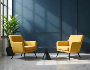 Modern yellow armchairs offer vibrant contrast in a stylish interior design scheme with dark blue walls