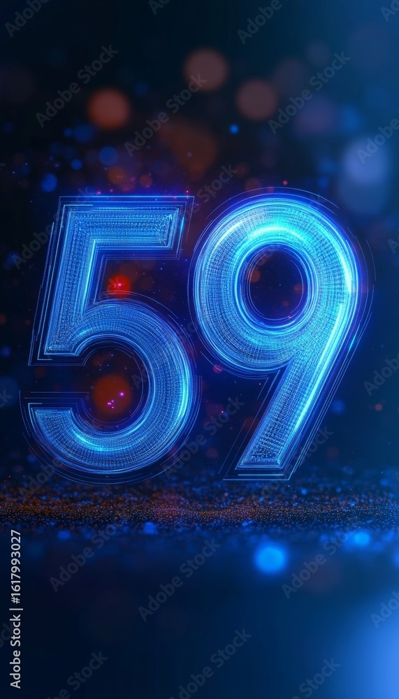 Poster futuristic digital glowing number 59 on abstract technology background with blue particles and bokeh